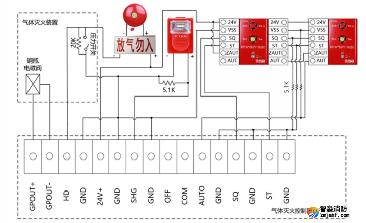LD5503EN、LD5506EN氣體滅火控制器、LD5505EN中繼模塊接線圖